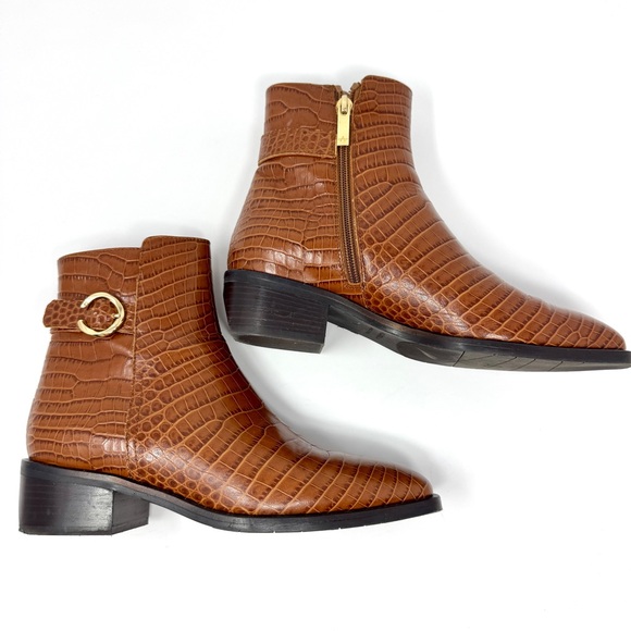 Aquatalia Fara Croc-Embossed Weatherproof Leather Ankle Boots Cognac - Picture 5 of 15